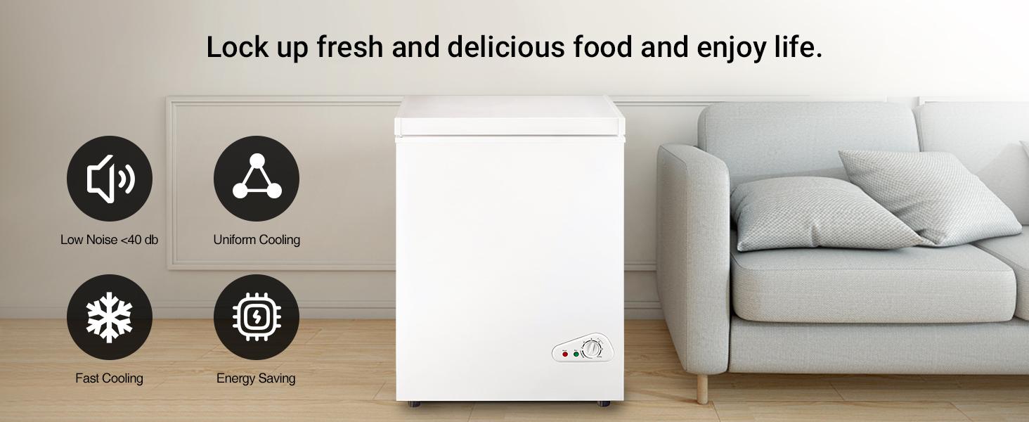 5.0 Cu.Ft Chest Freezer with Removable Basket, Deep Freezer with 6 Adjustable Temperature & Removable Baskets, Top Open Door Compact Freezer for Home, Apartments, White mini fridges