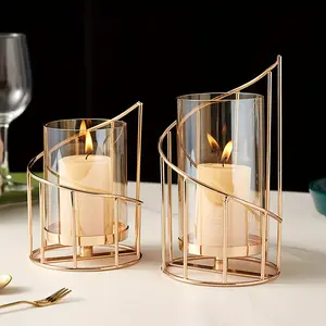 Elegant Golden Spiral Metal Wire Candle Holder with Glass Pillar - Decorative Tea Light Centerpiece for Home and Dining Table Decor Ornaments