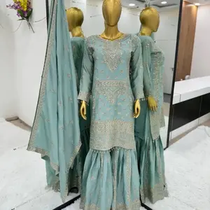 Glamorous Chinon Silk Embroidery Sequins size 40 3pcs Sharara Suit Top with Intricate Embroidery and Sparkling Sequins for Special Occasions - Soft, Formal