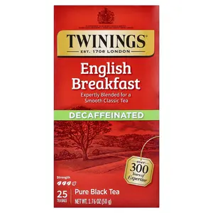Twinings Pure Black Tea, English Breakfast, Decaffeinated, 25 Tea Bags, 1.76 oz (50 g)
