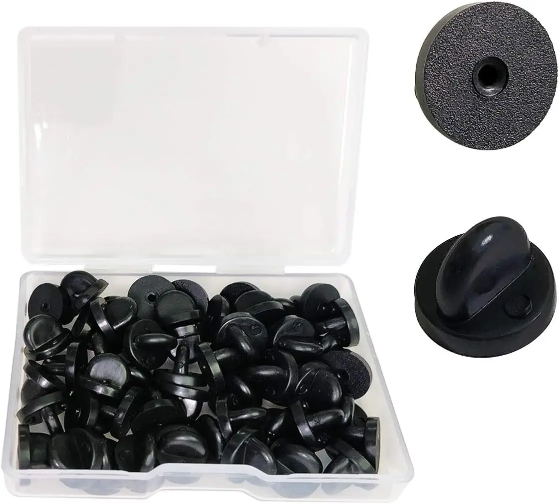 Lapel Pin Backings - Butterfly Clutch Pin Backs in PVC Rubber (Black, Pack of 50)