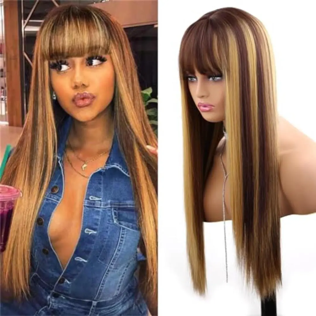 Synthetic Lace Front Wig, 24-Inch Hair Pop Honey Blonde Highlight Long Straight Wig with Bangs, Heat Resistant Natural Looking Fashion Accessory, Natural Looking Wig, Long Straight Wigs