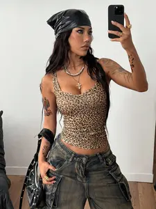 American Style Leopard Print Halter Top for Women, Summer New Slim Fit Sexy Short Sleeve Innerwear Outerwear, Trendy Casual Fashion Crop Top