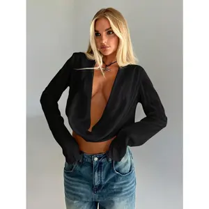 Spring Deep V Neck Draped Crop Blouse Long Sleeve Shirts Going Out Cropped Tops