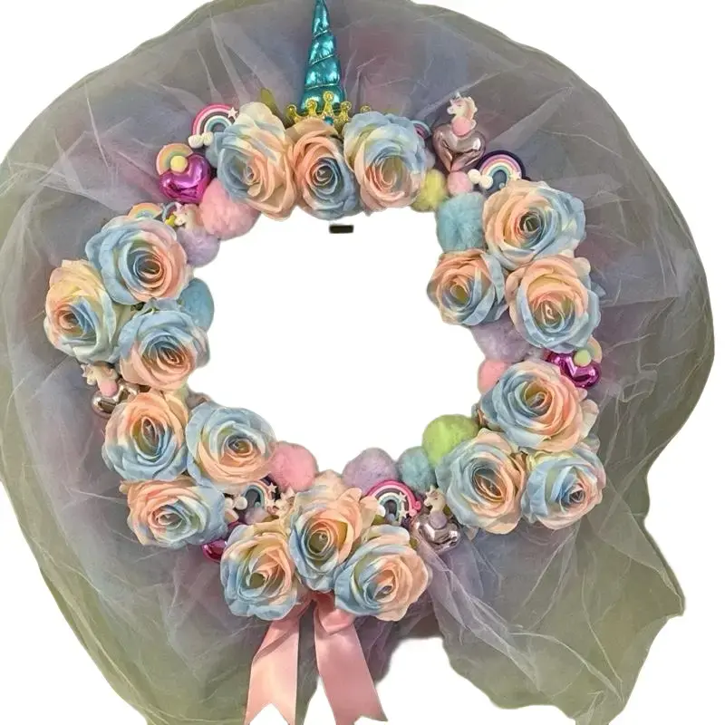 Unicorns and Rainbows Wreath - Decorative Hanging Floral Design with Colorful Roses and Unicorn Accents Ornaments Hangable Decoration