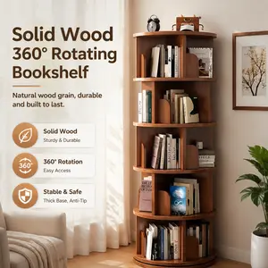 littleox 5 Tier Rotating Bookshelf, 360° Display Round Spinning Bookshelf, Space-Saving, Small Space Rotating Bookshelf Tower for Bedroom, Living Room, Home, Office, Walnut