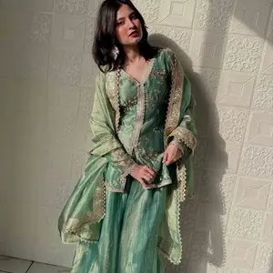 Designer Silk Embroidery Sequence & Coding Dori with Rivet Moti Work Top Palazzo with Dupatta Rama