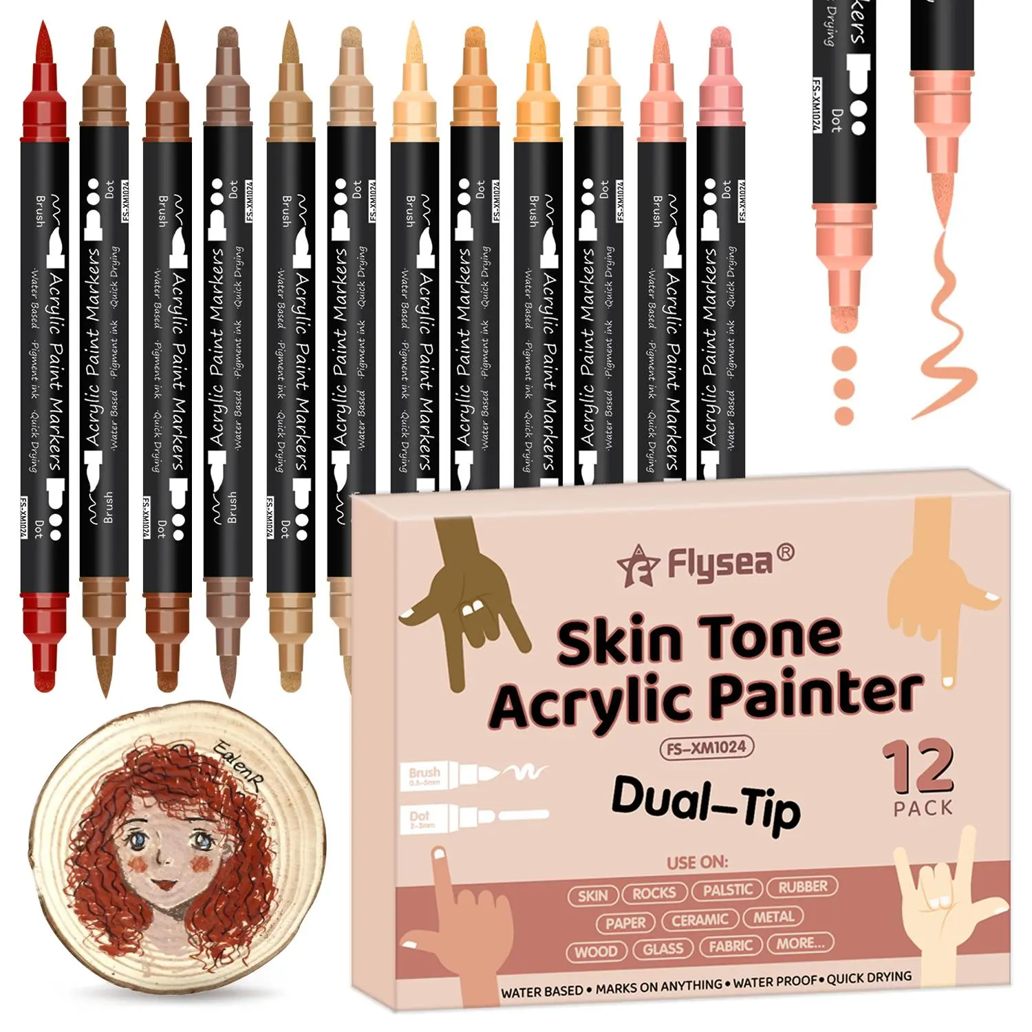 12-Pack Skin Tone Markers, Dual-Ended Acrylic Paint Pens Set, Ideal for Rocks Canvas Glass Ceramic Wood Sketching Illustrations