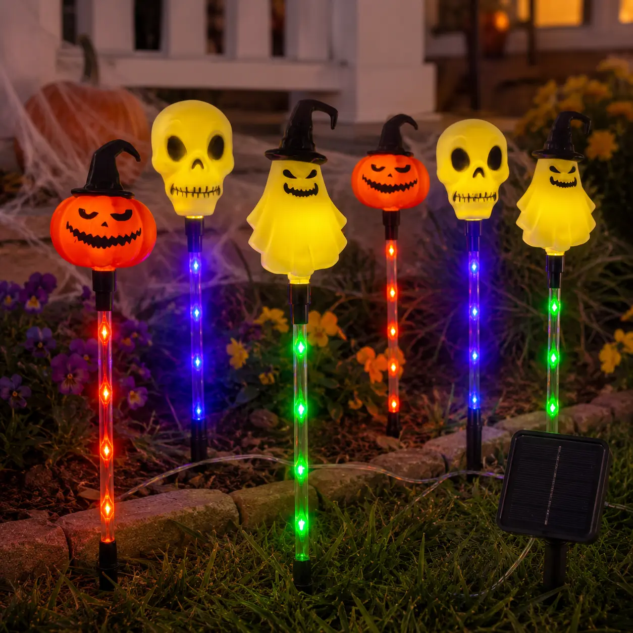 6-Piece Solar Powered Halloween Path Lights Set - Outdoor Decor with Glowing LEDs, Ghost Face, Skeleton, Pumpkin Spooky Shapes, Plastic Frame, 8 Lighting Modes, IP65 Waterproof for Lawn, Sidewalk