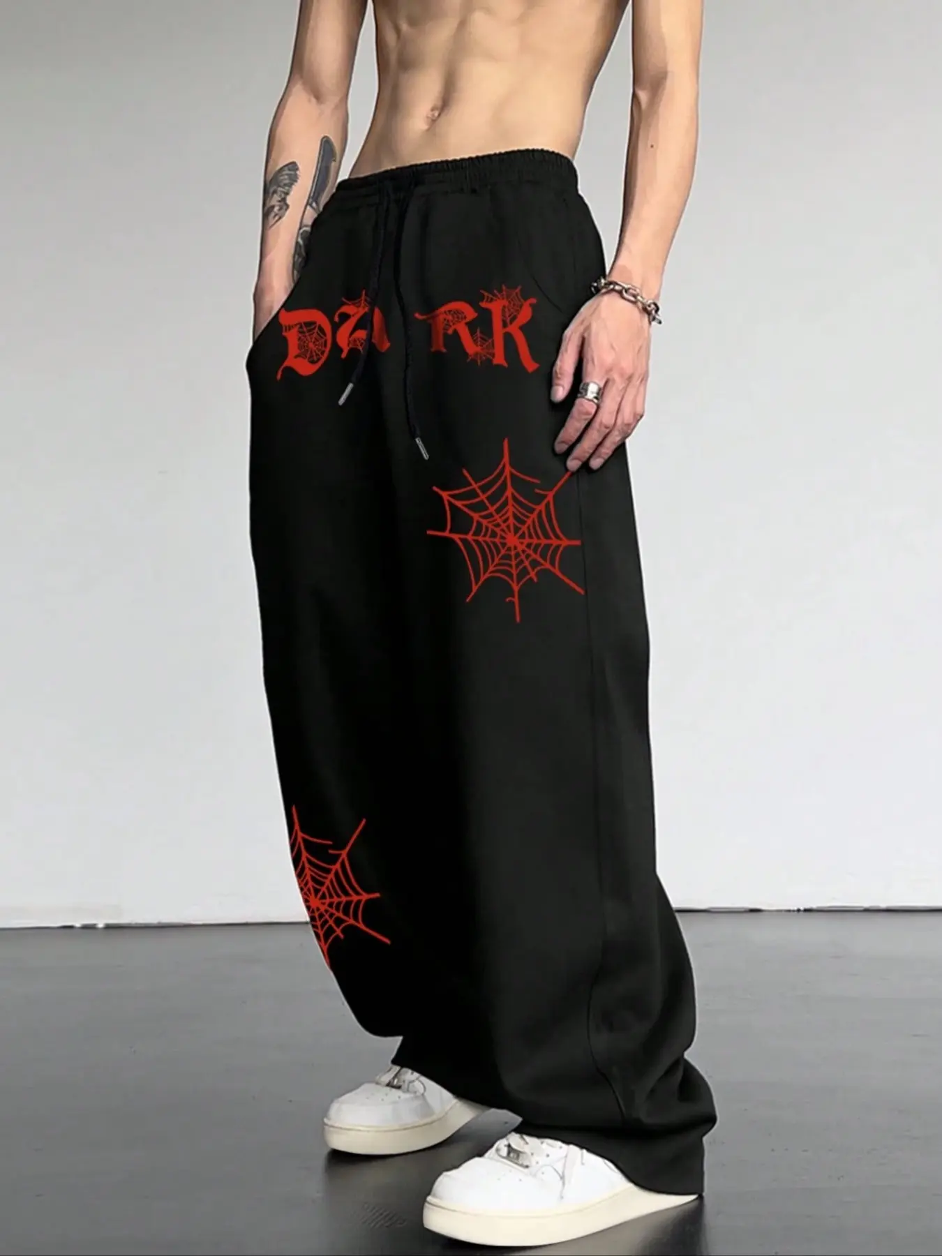 Men's Casual Spider Web Print Joggers with Drawstring Waist and Side Pockets, Halloween Spooky Long Loose Fit Pants for Parties and Gifts