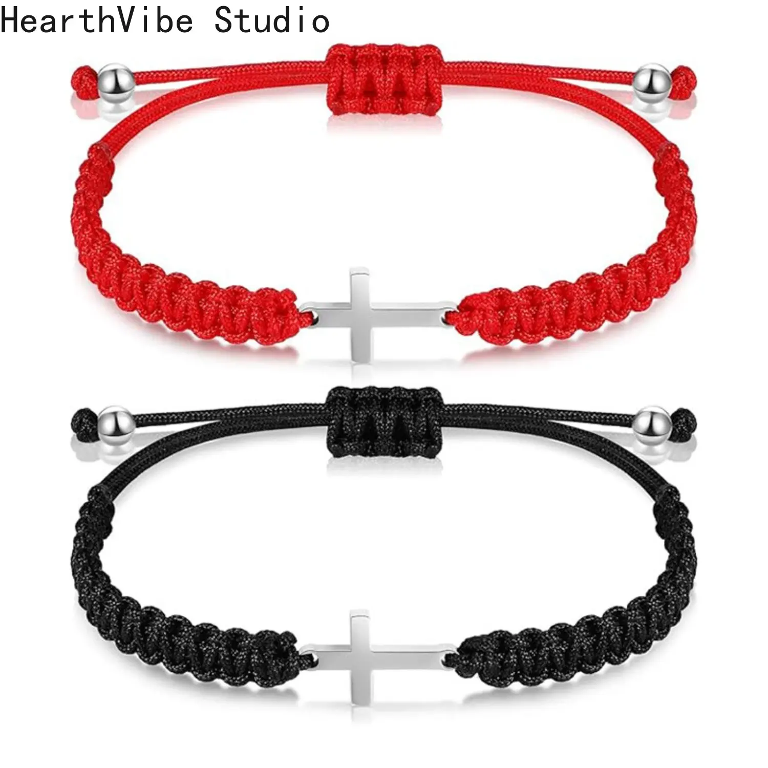 HearthVibe Studio Beaded Braided Bracelet - Unisex Red Cord Couple's Wristband Pair Set with Silver Cross Motif, Friendship Bracelet for Sports & Outdoor Use, Friendship Bracelets
