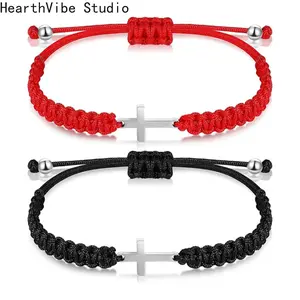 HearthVibe Studio Hand-Woven Cross Bracelet Red Cord Couple's Bracelet with Silver Cross and Beads