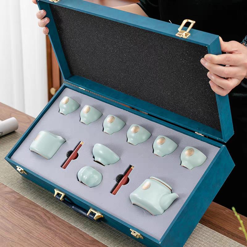 Golden Fortune Ru Kiln Tea Set 10pcs Elegant Ceramic Teapot & Cups in Blue Leather Case Perfect for Tea Enthusiasts