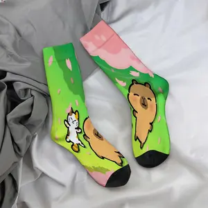 Cats and bears playing in the grass; mid-calf socks, casual and sporty style - soft and comfortable.