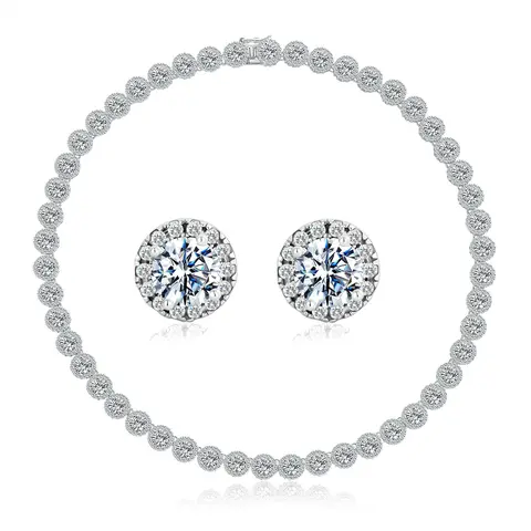 MDFUN Bling Cubic Zirconia Tennis Fashion Matching Jewelry Set - Brass-Plated Tennis Necklace, Bracelet, Halo Studs, Unisex Skin-Friendly Everyday Accessory, Gift-Boxed for Birthday Gifting