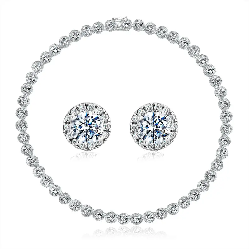 MDFUN Bling Cubic Zirconia Tennis Fashion Matching Jewelry Set - Brass-Plated Tennis Necklace, Bracelet, Halo Studs, Unisex Skin-Friendly Everyday Accessory, Gift-Boxed for Birthday Gifting