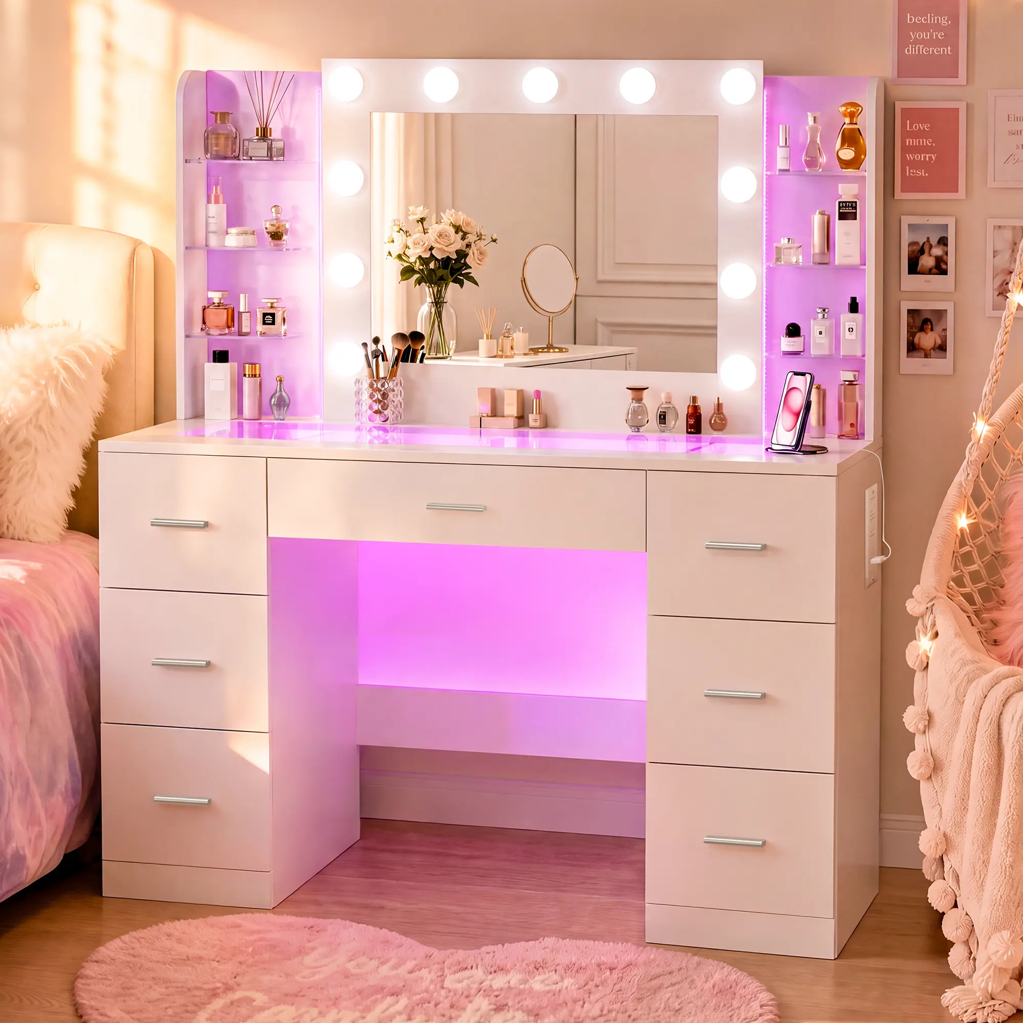 Vanity Desk with Mirror and Hollywood Lights, Makeup Vanity 6 Backlit Open Shelves with Frosted Panel & RGB Light, Transparent Top, Power Outlet, 7 Drawers & Storage Organizer for Bedroom