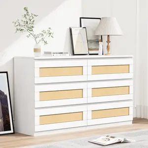 47" Modern Farmhouse Dresser w/6 Rattan Drawers - 220lb Capacity Wide Chest for Bedroom, Living Room, Entryway (White/Black/Brown)