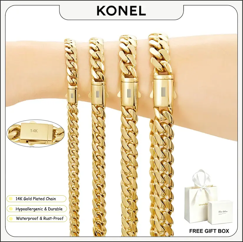 KONEL 14K Real Gold-Plated Cuban necklace or bracelet | The latest electroplating gold-plating process for rust prevention| Miami hip-hop style fashion items| Couples' style|. Essential Fashion Items for the Back-to-School Season