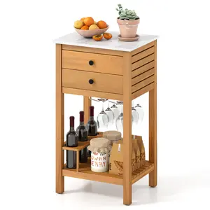 COSTWAY - Patio Acacia Wood Storage Cabinet Patio Buffet Cabinet Bar Table with Faux Marble Countertop