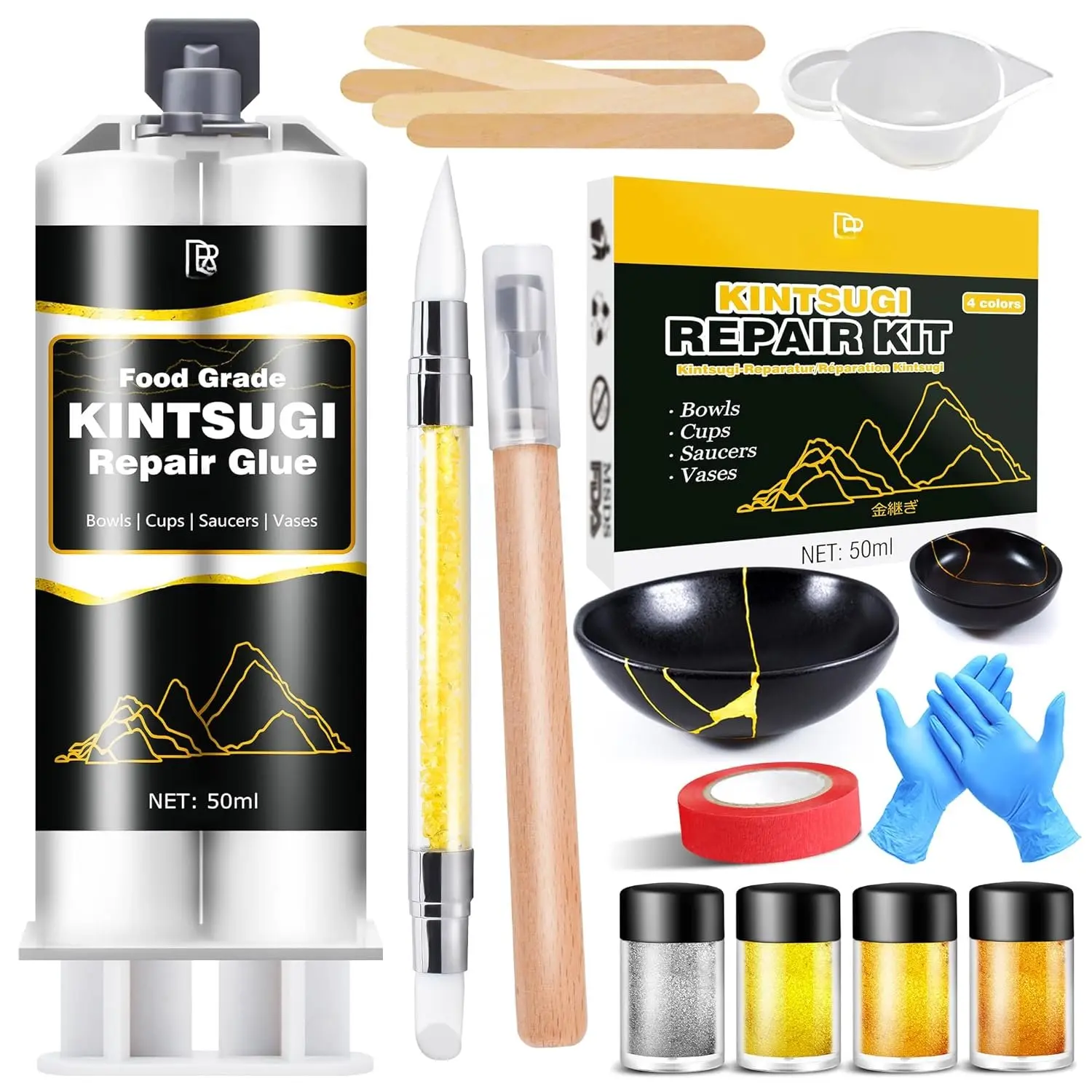 Kintsugi Repair Kit, Upgraded  Safe  &  Kintsugi Kit for Broken Ceramics Kintsugi  Glue, Ceramic Glue for Pottery,  Curing Ceramic Repair  for Bowls, Cups, Vases, Saucers