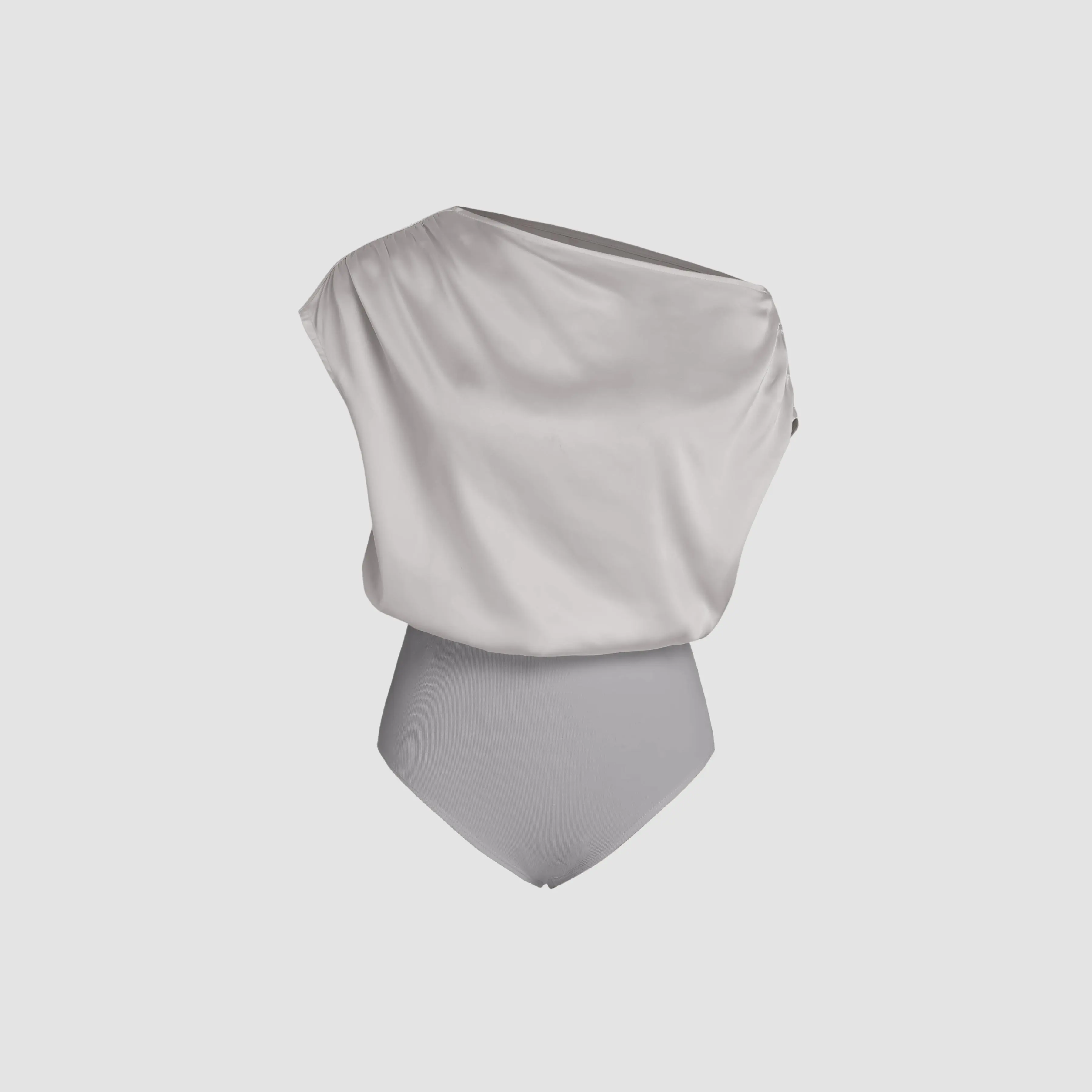 Cider [4 colors, size 0-26] Satin Asymmetrical Neck Solid Ruched Bodysuit