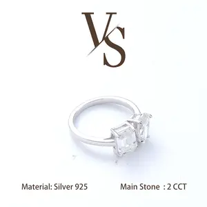 [Venus Jewelry] Synthetic Moissanite 2 CCT In Total Emerald Cut & Pear Shape Double Stone Design VVS 1 D Color Solid Silver 925 Solitare Ring