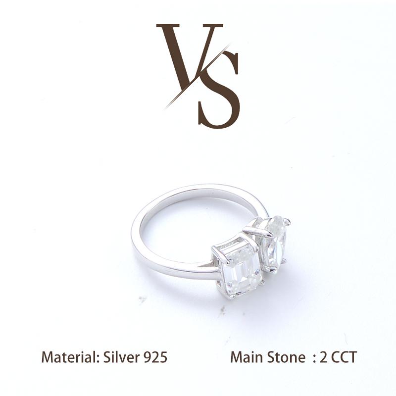 [Venus Jewelry] Synthetic Moissanite 2 CCT In Total Emerald Cut & Pear Shape Double Stone Design VVS 1 D Color Solid Silver 925 Solitare Ring