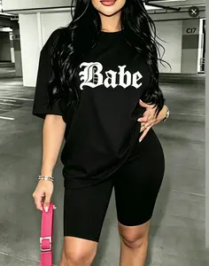 Trendy Y2K Streetwear Co-Ord | "Babe" Gothic Font Print Tee & High Waist Biker Shorts