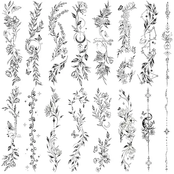 Temporary Tattoos for Women -24 Sheets Black Flower Leaf Wild Plants Sketch Realistic Tattoo Stickers Waterproof Tattoo Sets for Arm Collarbone Leg Backbone Body Art