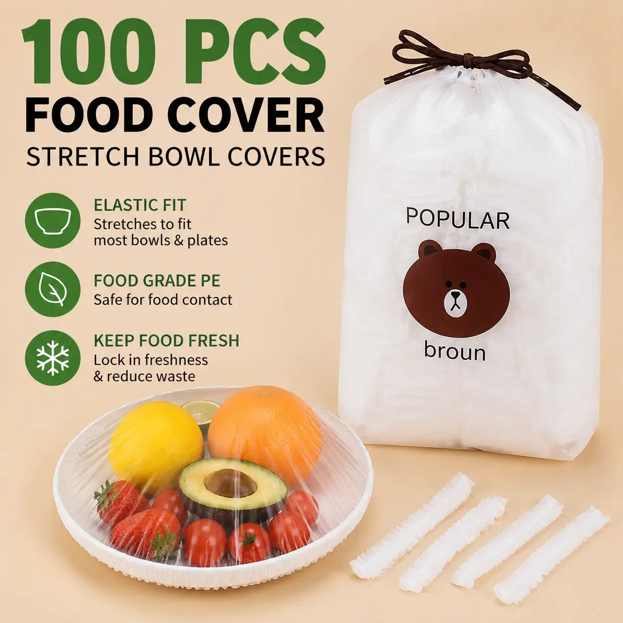 【PUREVIA】100PCS Disposable Stretch Food Covers for Bowls & Plates, Elastic Bowl Covers, Plastic Wrap Alternative for Leftovers, Fruits, Vegetables & Kitchen Food Storage