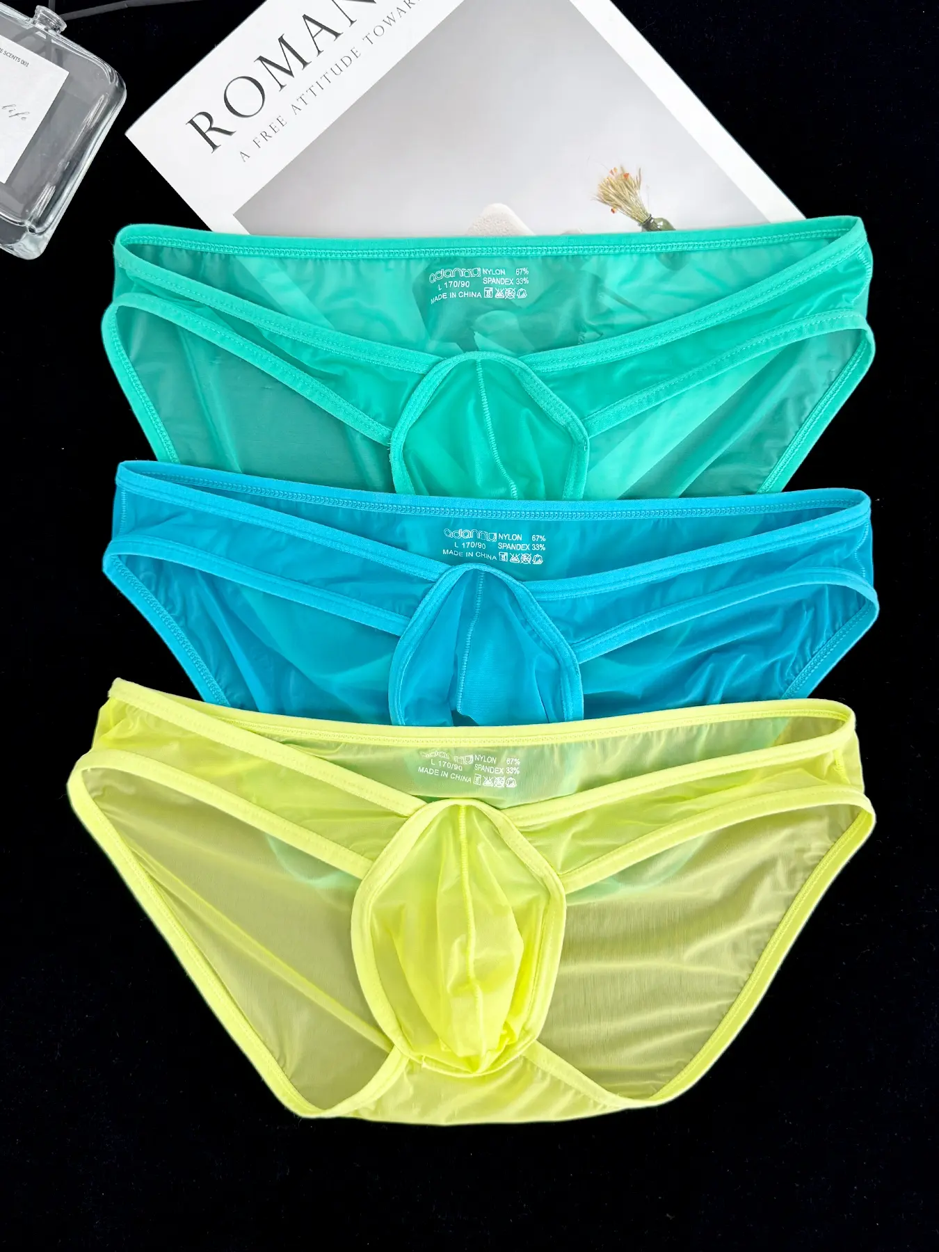 3pcs Men's Sexy Triangle Underwear Brief Short, Soft Comfy Fitted Brief, High Cut Low Waist, Ultra-Thin Ice Silk, Embossed Pattern, Sporty Seamless Design, Large Pouch Bag, Undergarments
