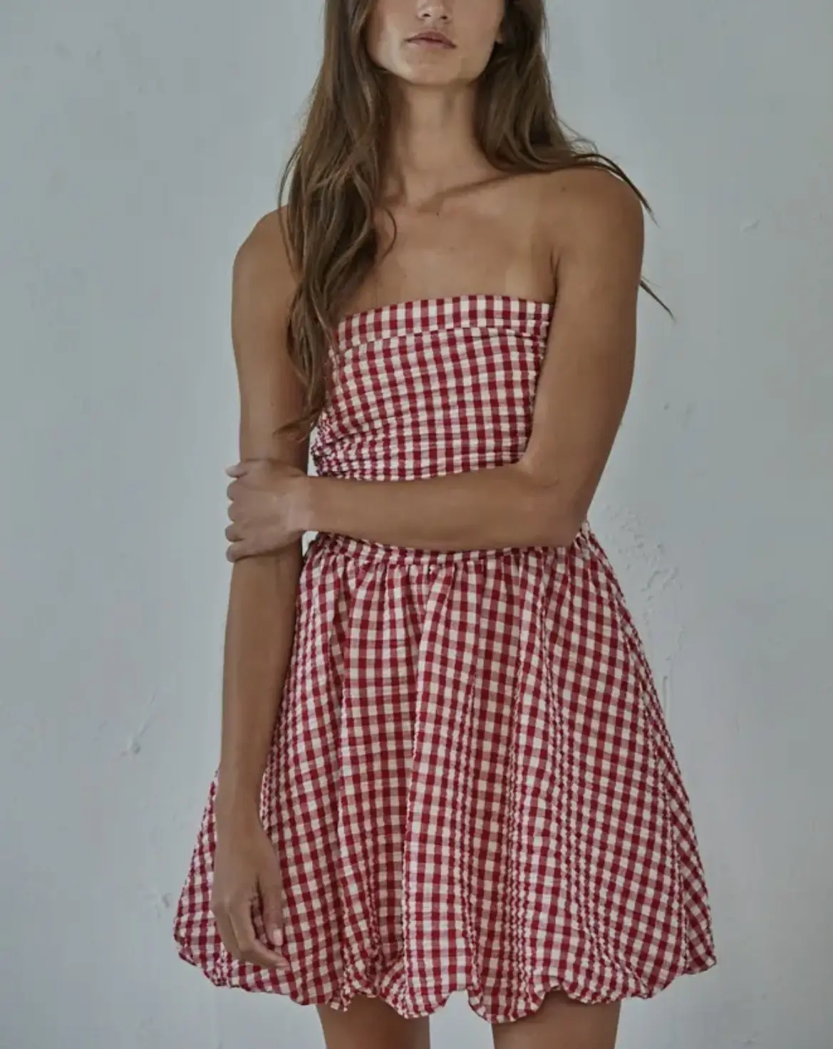 Women's Lady's Gingham Strapless Sleeveless Casual Style Red Mini Dress