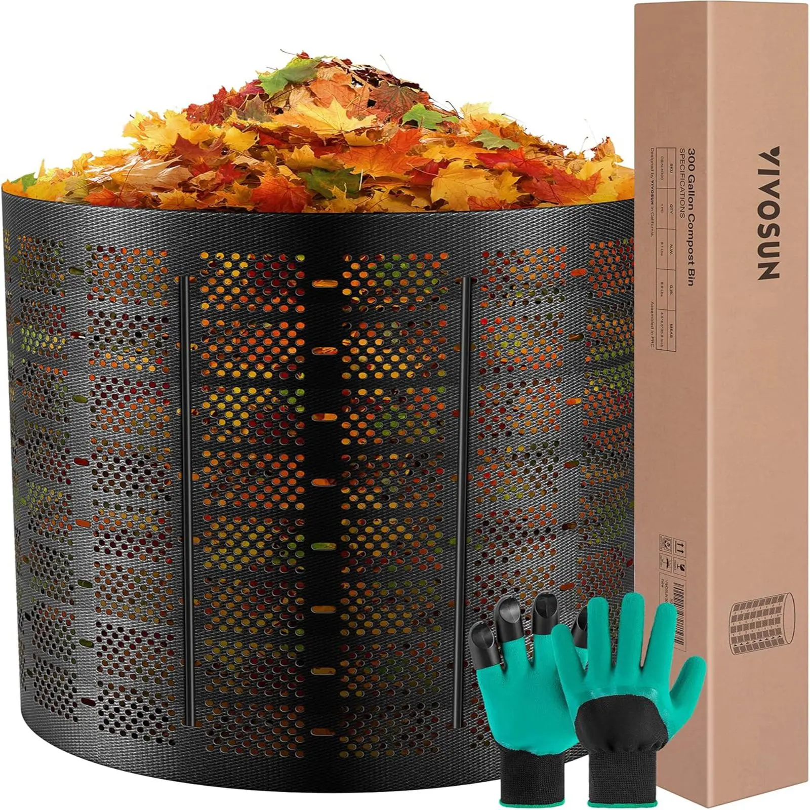 VIVOSUN 220/300 Gallon Outdoor Compost Bin, Expandable Composter, Easy to Setup & Large Capacity for Backyard, Lawn (Black with Gloves)