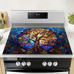 1 piece painted glass life tree oven mat Kitchen Decorative Placemat - heat-resistant and non slip/stove cover, felt pot mat, colorful mosaic glass design, suitable for burners and stoves, durable