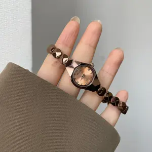 Vintage Geometric-Cut Women's Watch, Brown Gold Steel Strap Diamond-Encrusted Small Dial Wristwatch, Niche Light Luxury Elegant Quartz Watch[950]