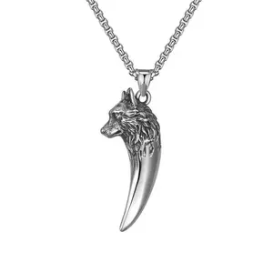 Hip Hop Vintage Wolf Head Stainless Steel Pendant Necklace Accessories for Stylish Men's Fine Gifts