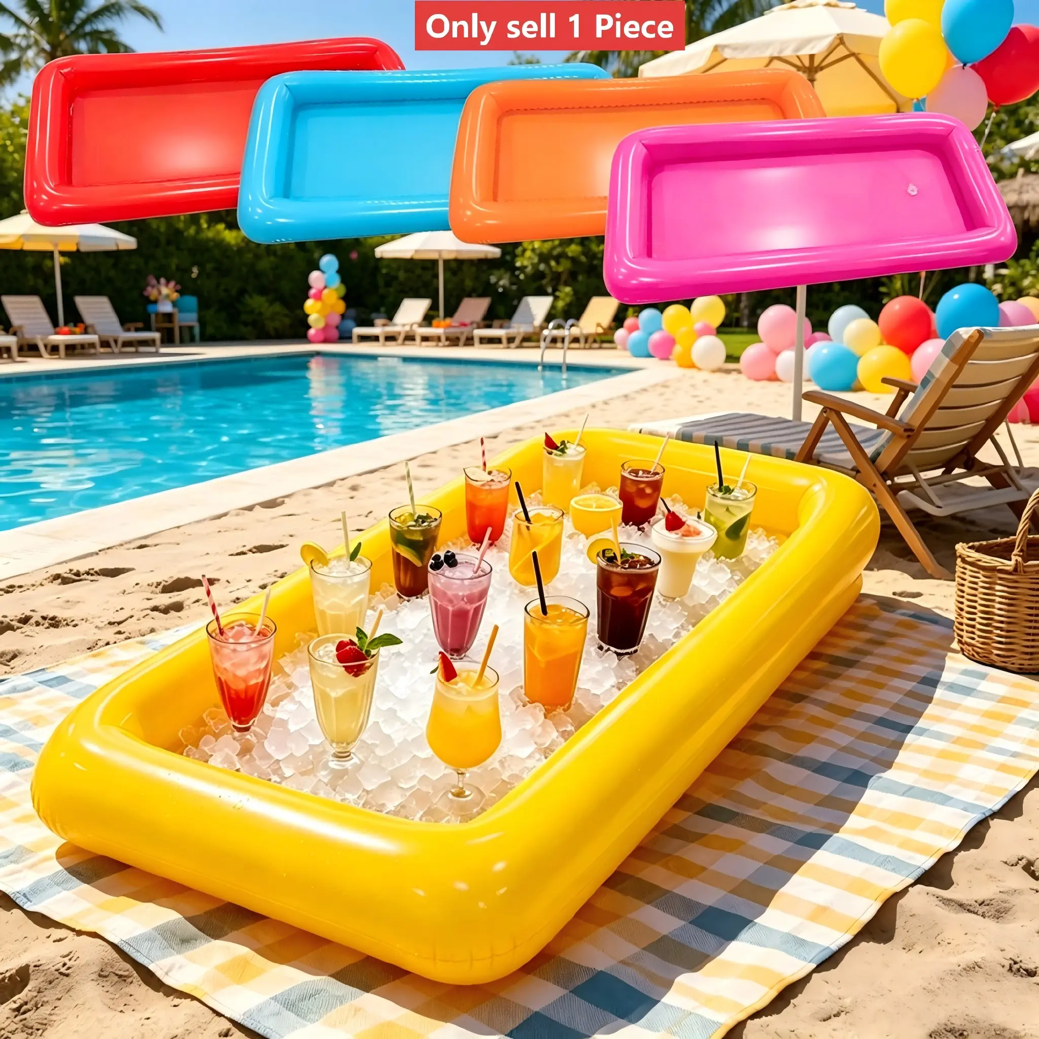 Inflatable Floating Tray for Pool, Drink Holder Float for Adults, Rectangular Inflatable Bar for Pool Parties, Summer Beach Party Accessory, Inflatable Lounge Bar Pool Adults