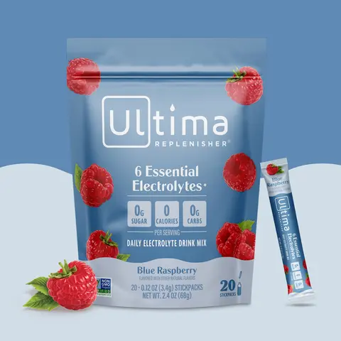 Ultima Replenisher Blue Raspberry Daily Electrolyte Drink Mix – 20 Sugar-Free Hydration Packets with 6 Key Electrolytes, Vitamin C & Zinc – Vegan, Keto & Non-GMO