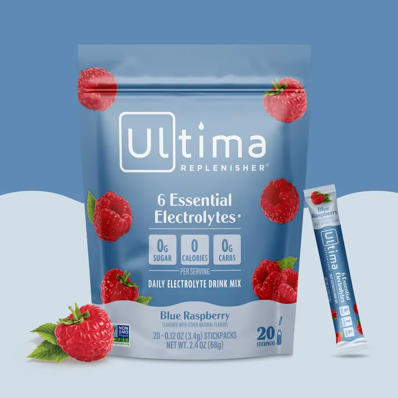 Ultima Replenisher Blue Raspberry Daily Electrolyte Drink Mix – 20 Sugar-Free Hydration Packets with 6 Key Electrolytes, Vitamin C & Zinc – Vegan, Keto & Non-GMO