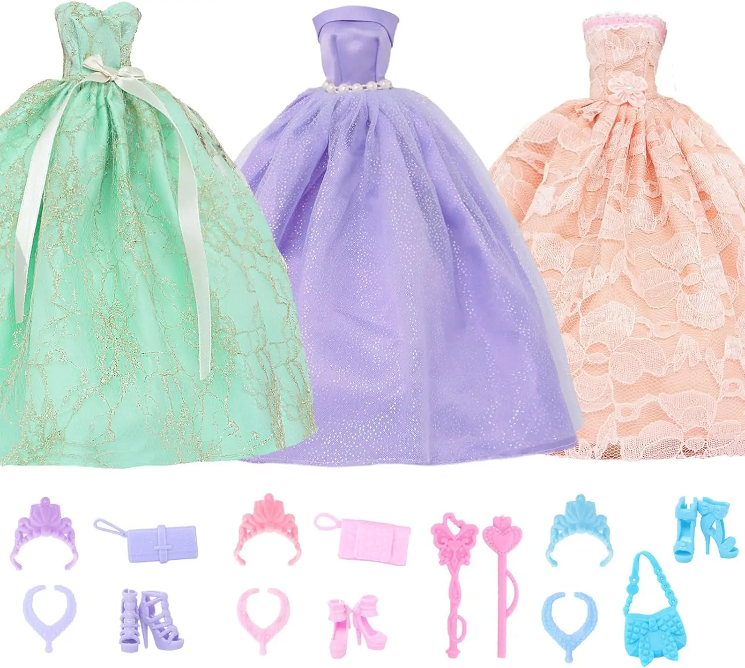 17 Pcs Wedding Clothes and Accessories for 11.5 Inch Dolls, 3 Fashion Party Gown Dresses, 14 Pcs Shoes, Crowns, Necklaces, Handbag, Fairy Wands, Doll Wedding Accessories