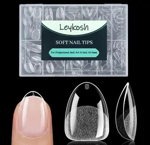 LEYKOSH Extra Short Almond Nail Tips - 216pcs Soft Gel Full Cover Fake Nails, 70-Grit Pre-Sanded Matte Clear Press on Nails for Extension, DIY Home Manicure with 12 Sizes