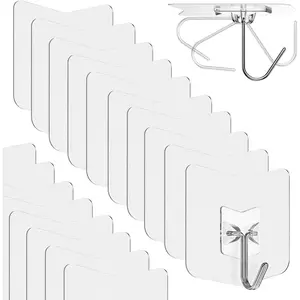 Heavy Duty Shower Hooks 12 Pack - Holds 15 lbs, No Drill Plastic Adhesive Hook Hangers for Hanging Towel Bathroom, Kitchen, Cabinet, Strong Wall Hanger for Ornaments Apartment Bedroom