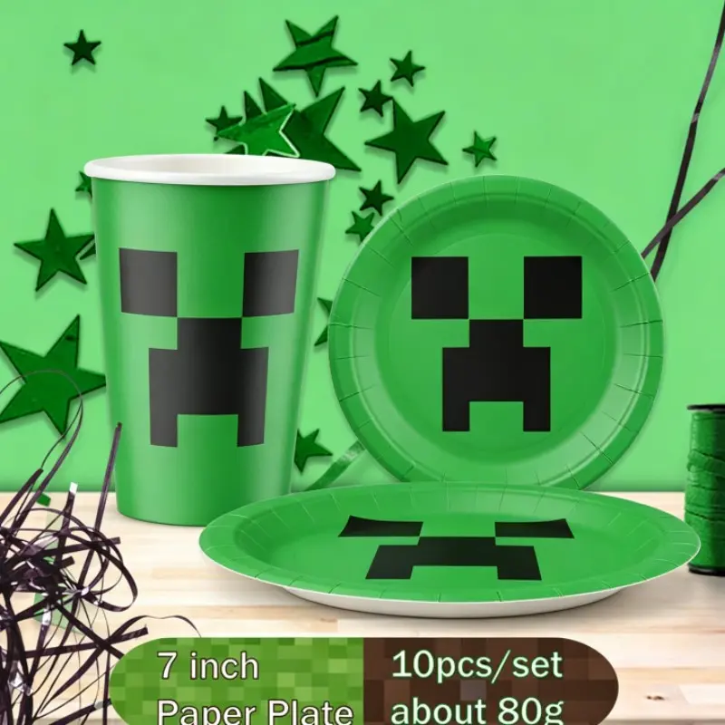 20pcs Pixel Block Party Tableware Set, 7inch Disposable Paper Plates & Cups, Sandbox Game Inspired, Kids Birthday Party Supplies, Ceremony Occasion