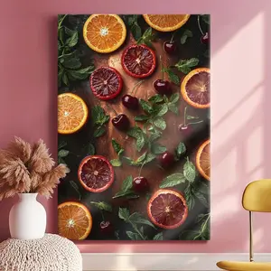 A moody bar scene focusing on an array of cocktail garnishes - citrus wheels, maraschino cherries, and fresh mint sprigs scattered across a copper bar tray, Framed Wall Art, Wrapped Canvas Poster Vintage Prints - Framed, Vertical Decor Room Painting Wood