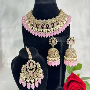 Desi Bollywood Heavy Polki Necklace With Long Jhumkas And Tikka Set in Gold Finish Hearts