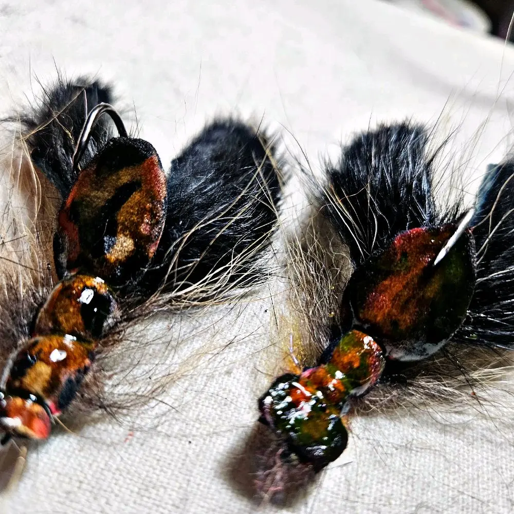 fly  tying style bell eyes 1/8 weight rabbit fur strips for that crawfish look that smallmouth bass love ..river styles