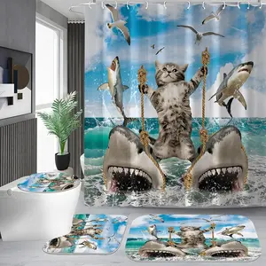 Cat & Shark Pattern Bathroom Curtain Set, 1 Shower Curtain with 12 Hooks, 1 Toilet Lid Cover, 1 Non-slip Mat, 1 Bathroom Rug