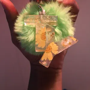 Initial Pom-Pom Resin Keychains with Floral Design and  Pom-Pom Accent Customizable Letter A-Z Keychain