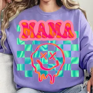 Mama Retro Blue Green Checkered Neon Short Sleeve T-Shirt - Women's Top for Casual Wear - Womenswear Summer Comfort Tshirt shirts women